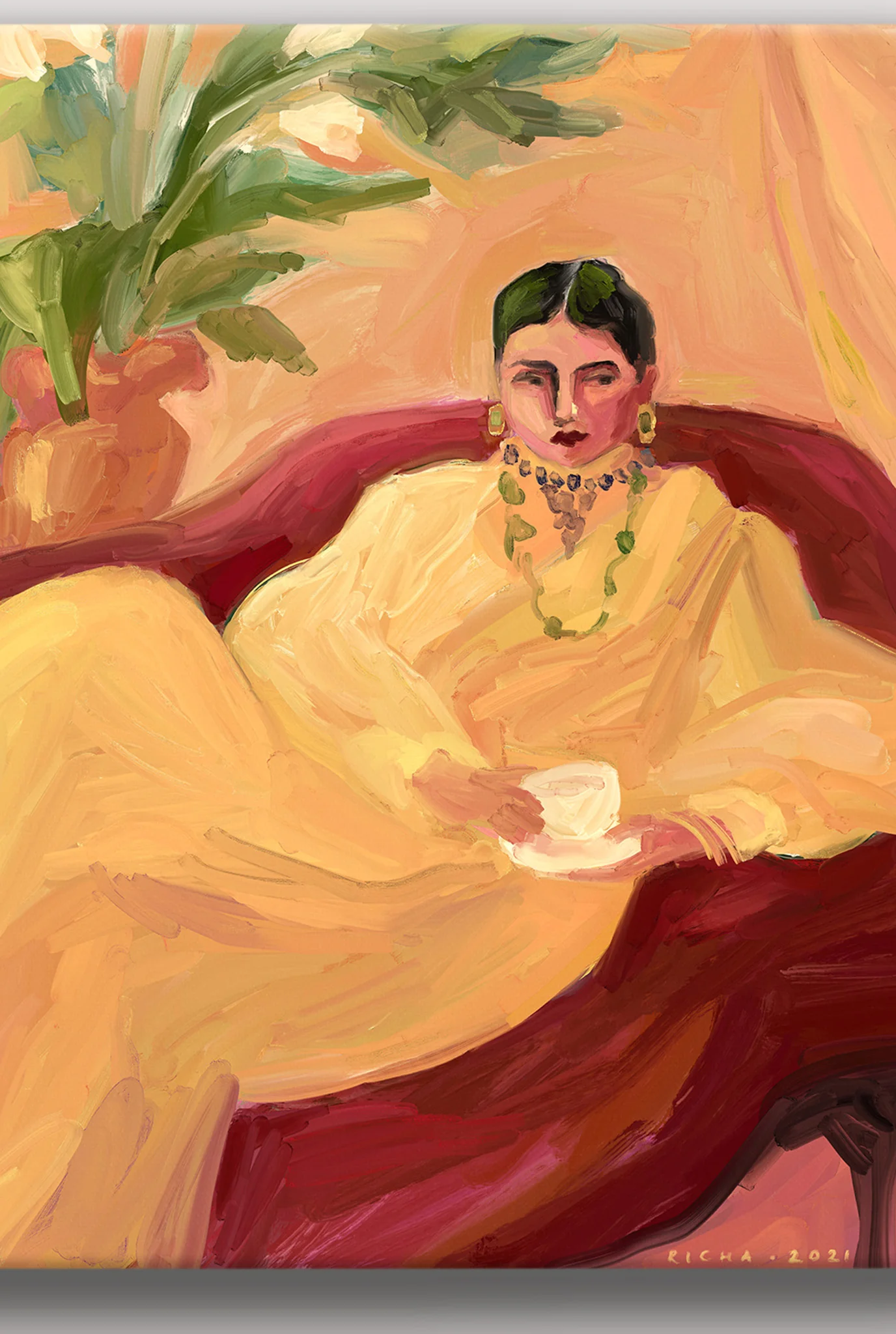 Tea On The Red Sofa Art Print