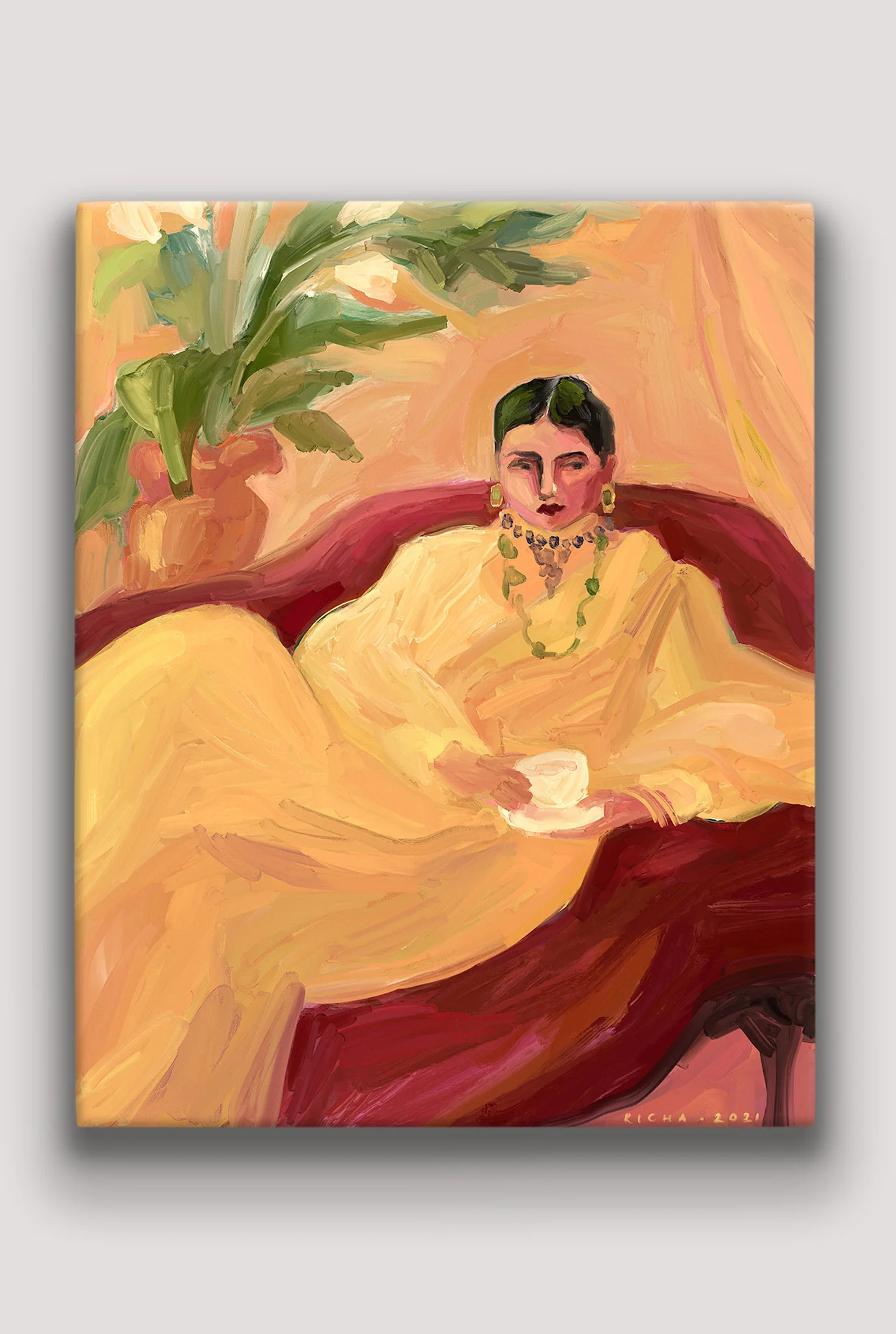 Tea On The Red Sofa Art Print - Image 2